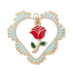 Бледно-бирюзовый Цилиндрические семена плоские круглые подвески, с 304 открытыми соединительными кольцами из нержавеющей стали, эмалированными подвесками из цветочного сплава и латунными подвесками в форме сердца, бледные бирюзовая, 39x41x3 мм, отверстие : 3 мм