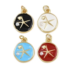 (52) Непрозрачная лаванда Латунь эмаль подвески, плоские круглые с морскими звездами, с абс пластмассовой имитационной жемчужиной, без кадмия и без свинца, реальный 18 k позолоченный, с целью перехода в кольце, разноцветные, 17.5x14x4 мм, отверстие : 3 мм