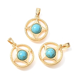 Настоящее золото 18K Подвески из искусственной бирюзы и натуральных ракушек, плоские круглые подвески в латунной оправе, реальный 18 k позолоченный, 17x15x5~6 мм, отверстие : 4x2 мм