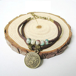 Рак 12 браслеты с подвесками в виде созвездий, браслеты из фарфоровых бусин ручной работы для мужчин, плоско-круглые, с плоской искусственной замши шнур, рак, 5-7/8 дюйм (15 см)