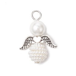 Античный Серебристый & Платиновый 50шт. подвески из искусственного акрилового жемчуга и стеклянного жемчуга, с бусинами сплава, ангельские прелести, старинное серебро и платина, 27x20x10 мм, отверстие : 3.5 мм