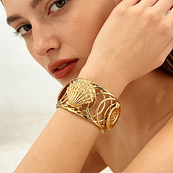 Golden Ocean 304 Stainless Steel Hollow Starfish Shell Shape Open Cuff Bangles for Women, Golden, Inner Diameter: 2.24 inch(5.7cm)