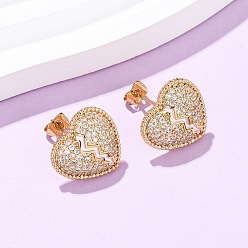 Прозрачный Серьги-гвоздики с разбитым сердцем из латуни с микропаве из кубических цирконий, реальный 16 k позолоченный, прозрачные, 14x15.5 мм