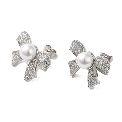 Platinum Bowknot Brass Micro Pave Clear Cubic Zirconia Stud Earrings, with Imitation Pearl for Women, Platinum, 17x22.5mm