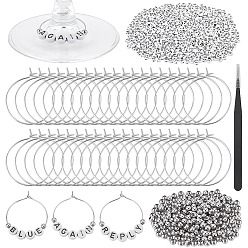 Платина Наборы для изготовления шармов для бокалов своими руками, включая пинцет с изогнутым лезвием из нержавеющей стали, латунные подвески для бокалов для вина, акриловые и латунные бусины, буква и круг, платина, 7x3 мм, отверстие : 1.5 мм