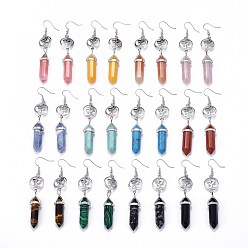 Mixed Stone Pointed Bullet Natural & Synthetic Mixed Gemstone Dangle Earrings, with Brass Earring Hooks and Flat Round with Aum/Om Symbol Links, Yoga Theme, Platinum, 78mm, Pin: 0.7mm