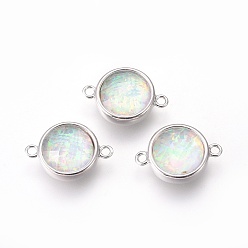 White Sythetic Opal Links connectors, with Brass Findings, Flat Round, Platinum, White, 17.5x12x5.5~6mm, Hole: 1.5mm