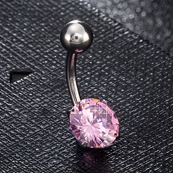 Бледно-Розовый Пирсинг украшения, латунное кольцо пупка с фианитом, кольца живота, с 304 стержнем из нержавеющей стали, без свинца и без кадмия, плоско-круглые, платина, розовый жемчуг, 19x8 мм, бар: 15 калибр (1.5 мм), длина стержня: 3/8"(10мм)