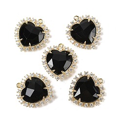 Обсидиан Подвески в форме сердца из натурального обсидиана, покрытие стойки латунь микропаве прозрачные кубические циркониевые подвески, золотые, стойки покрытие, 24x21x7 мм, отверстие : 1.5 мм