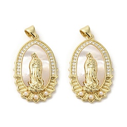 Oval Подвески из латунных ракушек, Религиозные обереги Девы Марии с прессом, имитирующим жемчуг, реальный 18 k позолоченный, овальные, 29.5x18x5 мм, отверстие : 3.5x4 мм