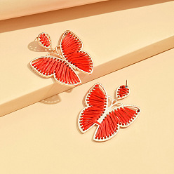 Красный Серьги-гвоздики в богемном стиле из сплава и хлопка., плетеная бабочка, золотые, красные, 57x48 мм