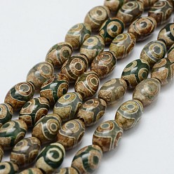 Цвет Оливы Бусины дзи в тибетском стиле 3, природных бисера агат, окрашенная и подогревом, баррель, оливковый, 9.5~10x13.5~14 мм, отверстие : 2 мм, около 27 шт / нитка, 14.9 дюйм (380 мм)
