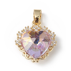Лиловый Настоящие позолоченные подвески из латуни с микропаве из прозрачного кубического циркония, со стеклом, долговечный, без кадмия и без свинца, шарма сердца, сирень, 18 мм, отверстие : 20x17x8 мм
