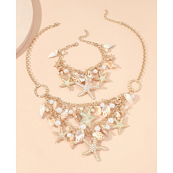 Золотой Ожерелья и браслеты из сплава, натурального ракушечного и пластикового жемчуга, морская звезда, золотые, 465 мм