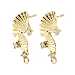 Настоящее золото 14K Латунные серьги-гвоздики из циркония, без кадмия, без никеля и без свинца, вентилятор, реальный 14 k позолоченный, 23x10 мм, отверстие : 1.2 мм, штифты : 12x1 мм