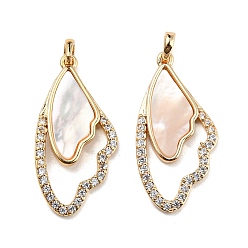 Golden Natural White Shell & Clear Cubic Zirconia & Brass Pendants, Butterfly with Wing, Golden, 23.5x11.5x2mm, Hole: 2x2mm