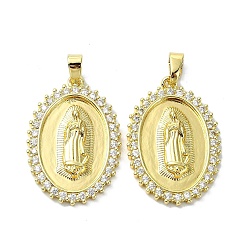 White Rack Plating Brass Micro Pave Cubic Zirconia Pendants, Real 18K Gold Plated, Long-Lasting Plated, Lead Free & Cadmium Free, Oval with Human, White, 30x20.5x2.5mm, Hole: 5.5mm