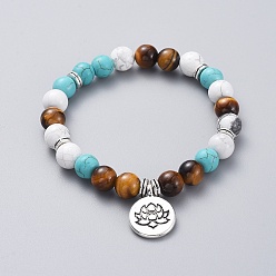 Тигровый глаз Буддийская тема синтетическая бирюза, природных тигровый глаз, Howlite круглые бусы стрейч браслеты, круглые подвески и бусы из сплава тибетского стиля, лотос, 2-1/8 дюйм (5.5 см)