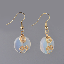 Opalite Flache runde Opalitperlen baumeln Ohrringe, mit Kupferdraht, Ohrringhaken aus Messing und Pappkarton, golden, 38 mm, Stift: 0.7 mm