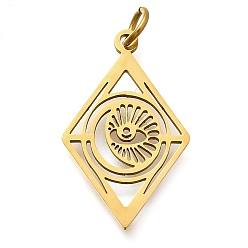 Настоящее золото 18K 304 подвески из нержавеющей стали, с целью перехода в кольце, ромб с подвеской в виде глаза, лазерная резка, ионное покрытие (ip), реальный 18 k позолоченный, 23x14x1 мм, отверстие : 3 мм