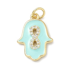Бледно-бирюзовый Латунные микро проложить кубического циркония подвески, с эмалью, долговечный, стойки покрытие, без свинца и без кадмия, hamsa hand charms, реальный 18 k позолоченный, бледные бирюзовая, 18.5x13.5x2 мм, отверстие : 3 мм