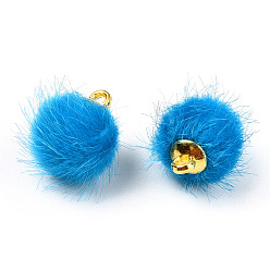 Blue Faux Mink Fur Covered Charms, with Golden Tone Brass Findings, Round, Blue, 12~14x10mm, Hole: 1.5mm