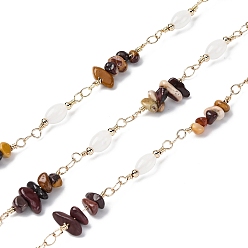 Тигровый глаз Латунные цепные цепи, со стеклянными бусинами и бусинами из тигрового глаза, долговечный, пайки, с катушкой, золотые, 20x4.5 мм, около 16.40 футов (5 м) / рулон