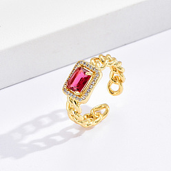 Camellia Golden Brass Micro Pave Cubic Zirconia Open Cuff Rings, Rectangle, Camellia, no size