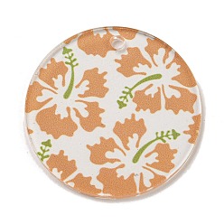 Оранжевый Непрозрачные акриловые подвески, плоские круглые с цветком, оранжевые, 45x3 мм, отверстие : 3.5 мм