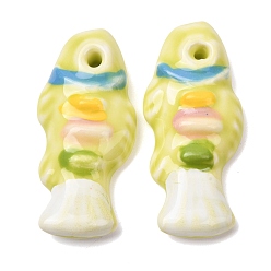 Lemon Chiffon Handmade Porcelain Big Pendants, Hand Painted, Famille Rose Porcelain, Fish Charms, Lemon Chiffon, 65x29x11mm, Hole: 4.5mm
