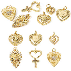 Настоящее золото 18K 6 шт 6 стили латунные подвески, с кубического циркония, сердце, реальный 18 k позолоченный, 12.5~26x10.5~17x2~5 мм, отверстие : 3~3.5 мм, 1 шт / стиль
