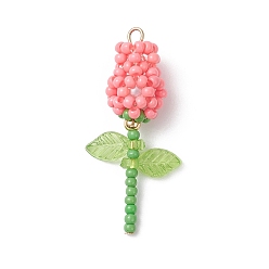 Лосось Подвески-розы из стеклянных бус, с 304 петлей из нержавеющей стали, реальный 18 k позолоченный, salmon, 34x9~10 мм, отверстие : 2 мм