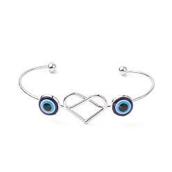 Platinum Resin Evil Eye with Heart Cuff Bangle, Iron Wire Wrap Jewelry for Women, Platinum, Inner Diameter: 1-5/8x3-1/8 inch(4.2x7.9cm)