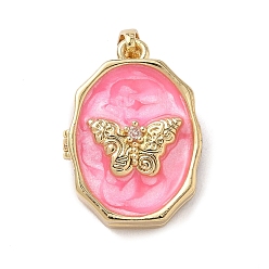 Ярко-Розовый Овальные подвески-медальоны с бабочкой из латуни и эмали, реальный 18 k позолоченный, ярко-розовый, 20x15x8.5 мм, отверстие : 4x3 мм