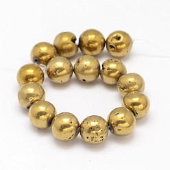 Golden Plated Electroplated Natural Druzy Geode Quartz Crystal Bead Strands, Round, Golden Plated, 10~10.5mm, Hole: 1.5mm, about 15pcs/strand, 6 inch
