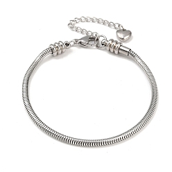 Нержавеющая Сталь Цвет Устойчивые к потускнению 304 европейские круглые змейки из нержавеющей стали браслеты, с когтя омара застежкой и сердца прелести, цвет нержавеющей стали, 200x3 мм