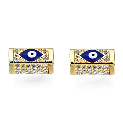 Dark Blue Brass Micro Pave Cubic Zirconia Beads, with Enamel, Real 18K Gold Plated, Rectangle with Evil Eye, Nickel Free, Dark Blue, 14x8x7mm, Hole: 3.5mm