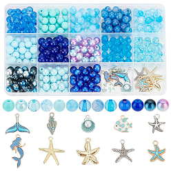 Синий Наборы для самостоятельного изготовления бижутерии на морскую тематику, в том числе стеклянные бусины, Акриловые бусины, Подвески из эмали и сплава, спиральная раковина, морская звезда, рыба и форма русалки, синие, 7.5~9x7~9 мм, отверстие : 1.5~2.5 мм