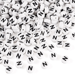 Letter N 500шт акриловые бусины, с горизонтальным отверстием, буквы, плоско-круглые, Письмо N, 7x4 мм, отверстие : 1 мм