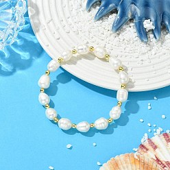 Морская Ракушка Эластичные браслеты из латуни и натурального культивированного пресноводного жемчуга для женщин., рис и круглый, золотые, цвет морской раковины, бусины : 10~11x8~9 мм, внутренний диаметр: 2.36 дюйм (6 см)