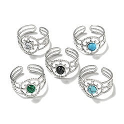 Нержавеющая Сталь Цвет 304 открытые манжеты из нержавеющей стали, Кольца на круглые пальцы с синтетическим малахитом и бирюзой для женщин и мужчин, цвет нержавеющей стали, регулируемый