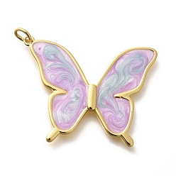 Сливовый Подвески из латуни с эмалью в стойку, с целью перехода в кольце, без кадмия и без свинца, долговечный, реальный 18 k позолоченный, очарование бабочки, слива, 27x33x2.5 мм, отверстие : 3.5 мм