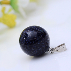 Синий Драгоценный Камень Синтетический синий авантюрин подвески, с фурнитурой платина железная, круглые, 17x14 мм, отверстие : 2.5x6 мм