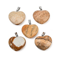 Пейзажный Джаспер Естественного изображения яшмы подвески, ограненные сердце прелести, с железными поручнями, платина, 21.5~22.5x23~23.5x9~10 мм, отверстие : 2.5x7~7.5 мм