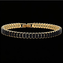 Negro Pulseras de tenis rectangulares de latón con circonitas cúbicas para mujer., dorado, negro, 7.09 pulgada (18 cm)