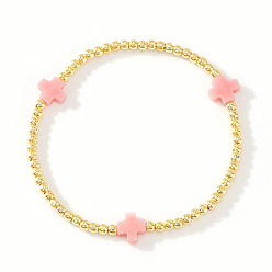 Pink Латунные эластичные браслеты с круглыми бусинами, украшения из смолы крест для женщин, розовые, 7-7/8 дюйм (20 см), внутренний диаметр: 6-7/8 дюйм (17.5 см)