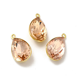 Персиковый Слойка Стеклянные подвески из латуни с покрытием стойки, граненые амулеты-капли, реальный 18 k позолоченный, без свинца и без кадмия, розовые, 17x10.5x8 мм, отверстие : 1 мм
