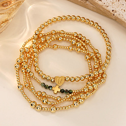 Золотой 5 Браслеты из латуни и натуральных бусин африканской бирюзы (яшмы) для женщин, эластичные., круглая фигурка и сердечко с буквой М., золотые, регулируемый