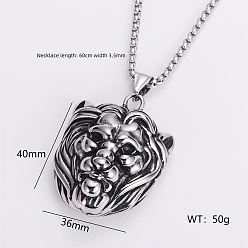 Lion Gothic 316 Surgical Stainless Steel Pendant Box Chain Necklaces for Men, Silver Color Plated, Lion, 23.62 inch(60cm)