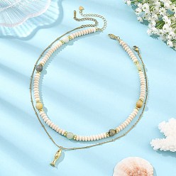 Golden Brass Fish Pendant Natural Butter Jade and Petrified Wood Beaded Double Layer Necklaces, with 304 Stainless Steel Satellite Chains, Golden, 15.83 inch(40.2cm) and 15.98 inch(40.6cm), 2pcs/set